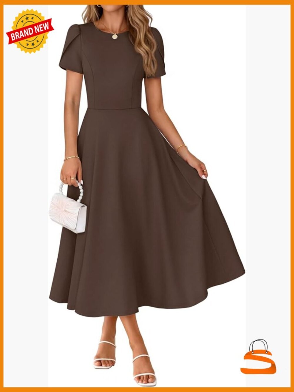 Women's Summer Midi Dress Short Sleeve Crewneck A Line Pleated Flowy Wedding